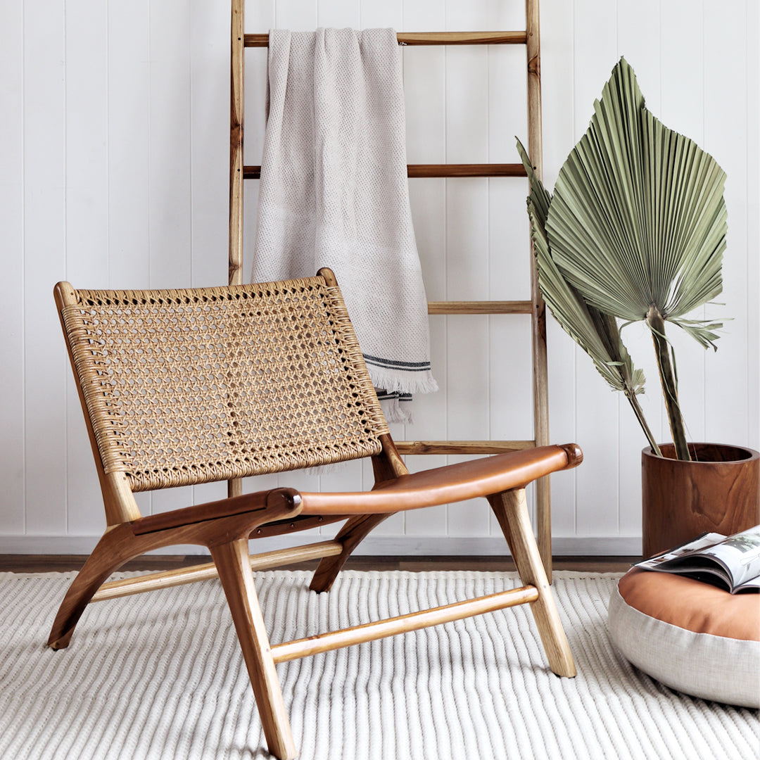 Wilma Chair Antique Tan Leather and Rattan Occasional Chair